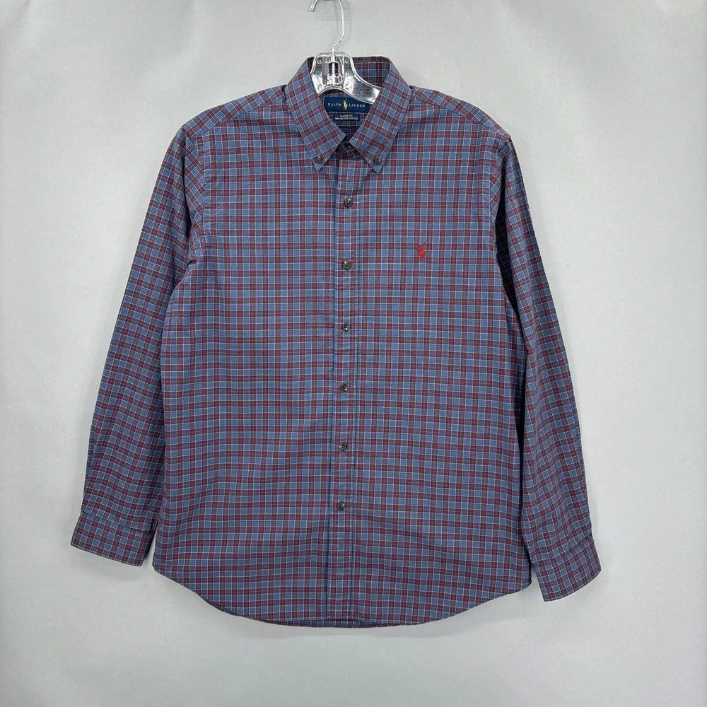 Ralph Lauren Shirt Mens Large Blue Red Plaid Button Up Tartan Cotton‎ Stretch
